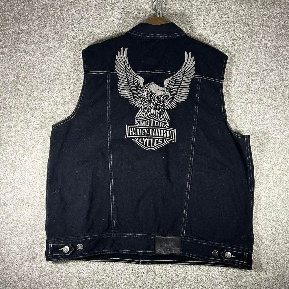 Vintage men's Harley Davidson dark navy blue denim embroidered biker vest XL